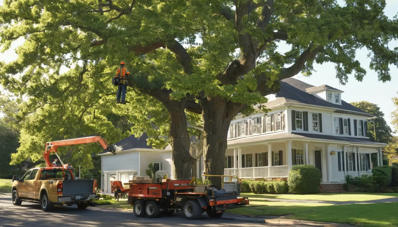 A tree service provider working near a suburban home in Wilmington